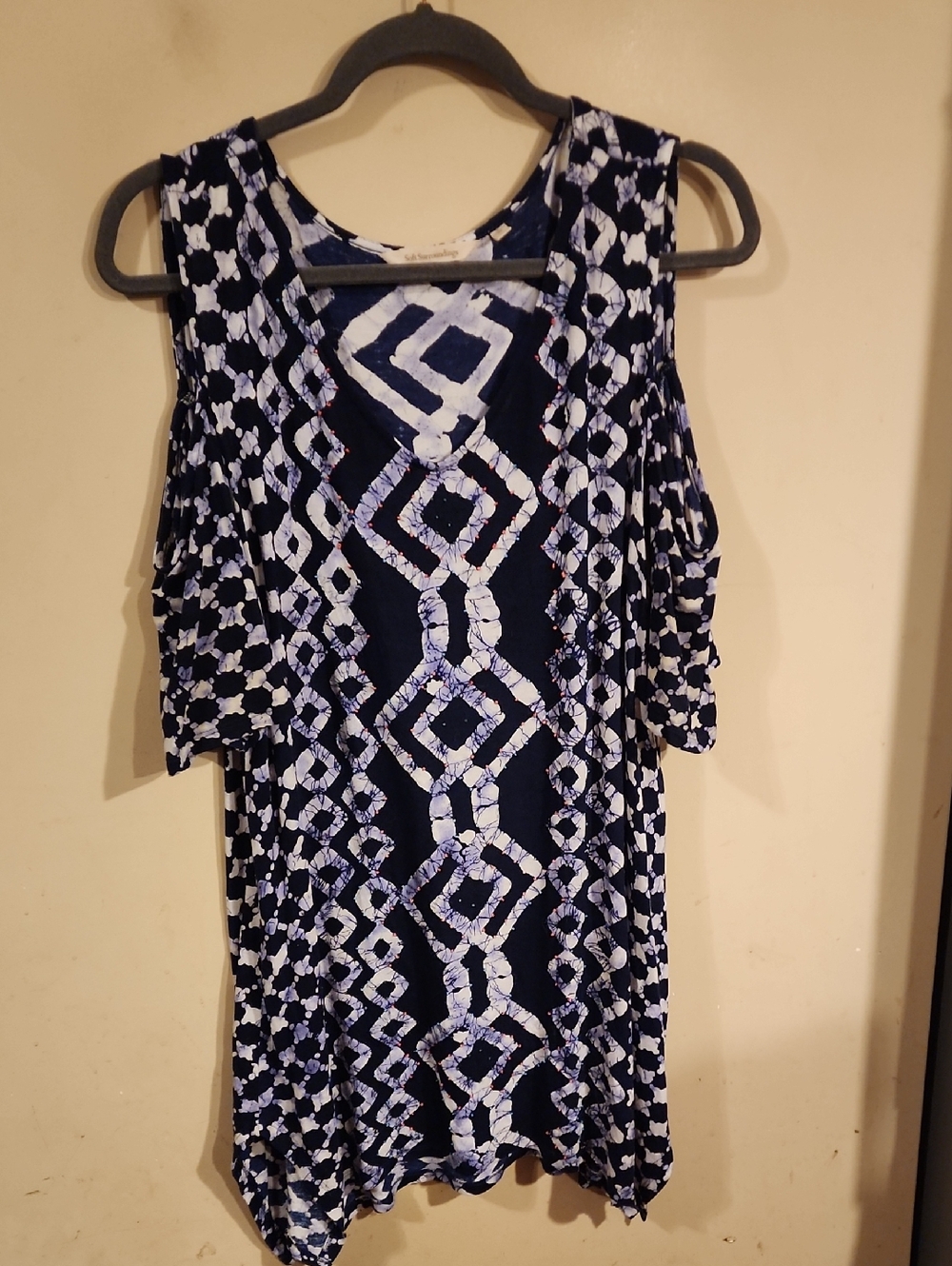 Soft Surroundings Navy and White Geometric Cold-Shoulder Dress